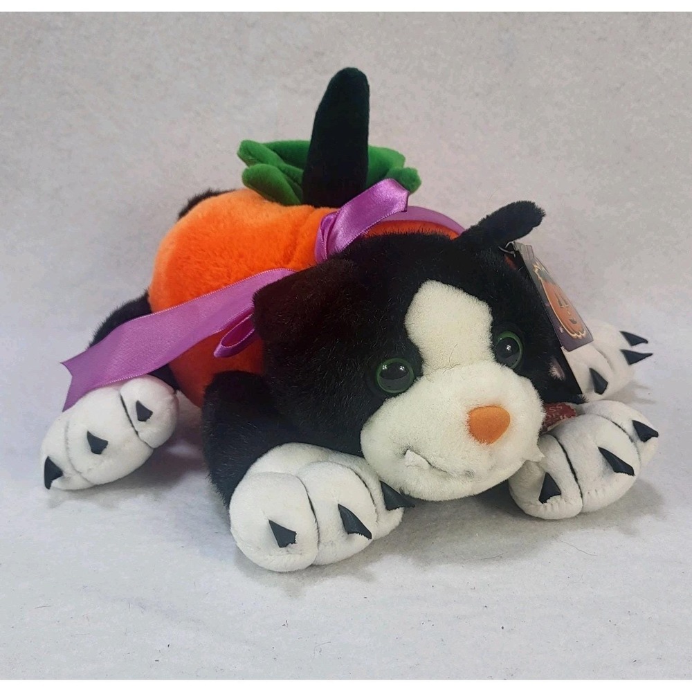 Fiesta Mad Cat Animated Halloween Yowling Black Cat Pumpkin Plush VTG 1999 12"